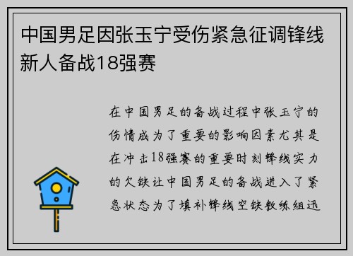 中国男足因张玉宁受伤紧急征调锋线新人备战18强赛 中国男足因张玉宁受伤紧急征调锋线新人备战18强赛